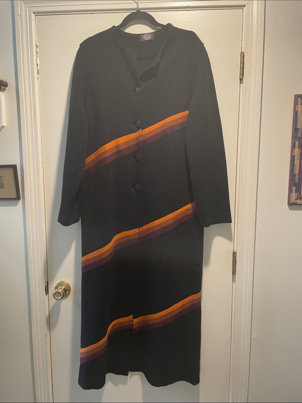 Magic Made In Italy Wool Blend Black Long Button Down Knit Diagonal Stripes